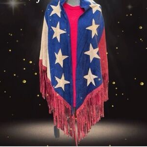 FREE PEOPLE FAUX SUEDE AMERICAN FLAG FRINGE CAPE